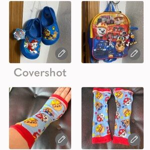 Paw Patrol sandals 7/8+🎒w necklace+2 key chains+PEZ NIP+🐾💪🏼warmers❤️🐶